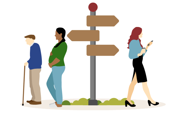 illustration showing sign post, old man, pregnant woman and business woman on phone
