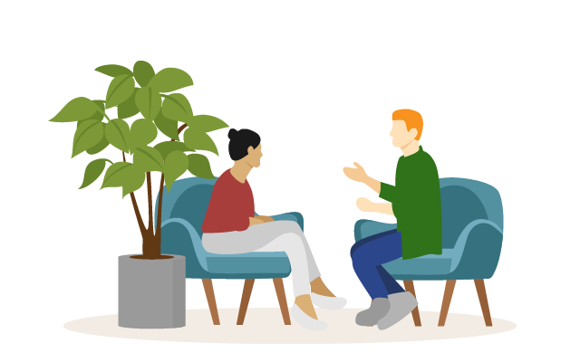 Illustration showing man and woman in discussion in communal space